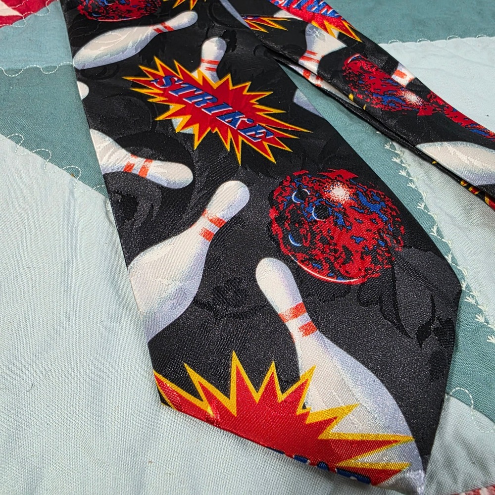 Renaissance Mens Bowling Strike Tie Black‎ Red Blue Graphic Print Necktie